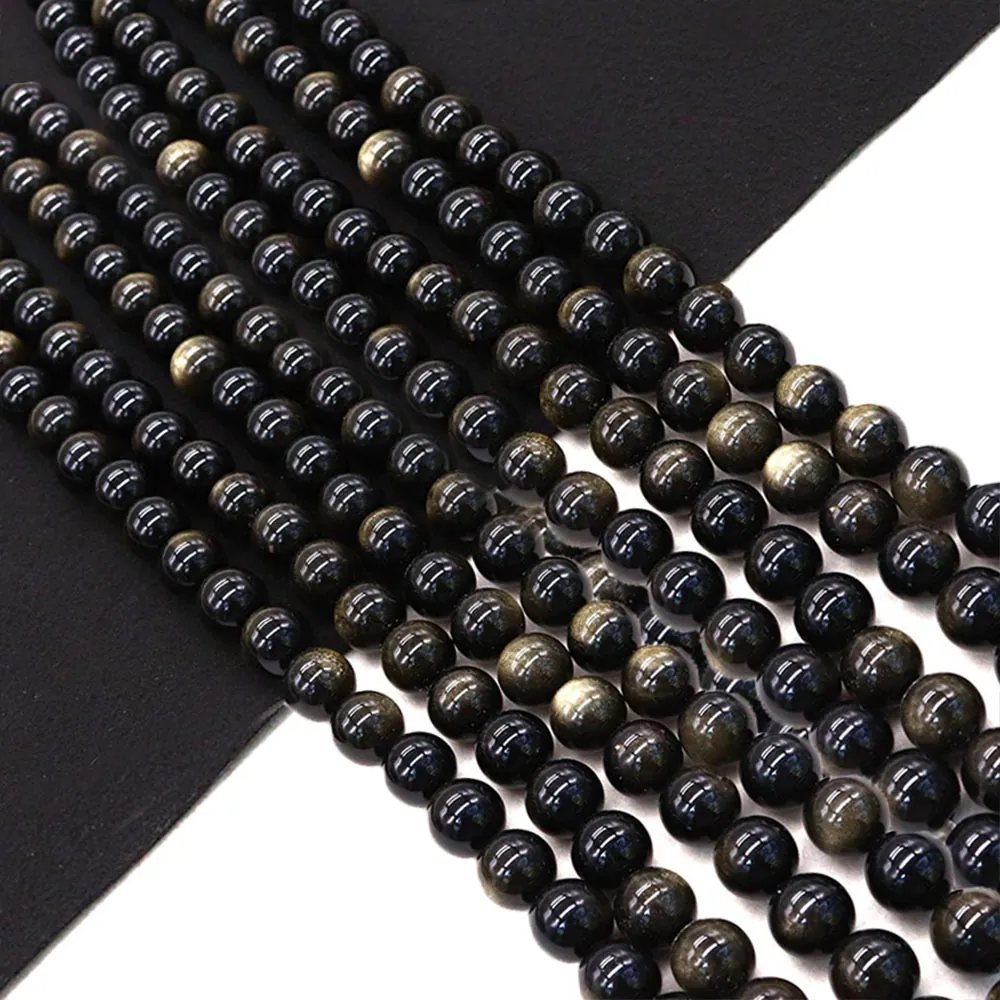Perles en Vrac Rondes en Obsidienne Dorée Naturelle Trou Droit Pierre Polie pour Fabrication de Bijoux DIY Collier Bracelet