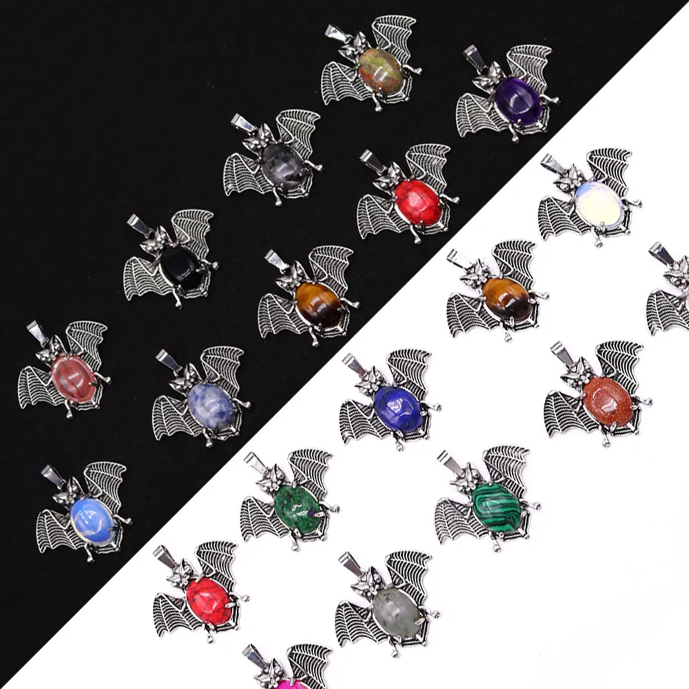 Natural Stone Bat Pendant Only Without Chain Electroplated Alloy Gothic Halloween DIY Jewelry Making Accessory Gift