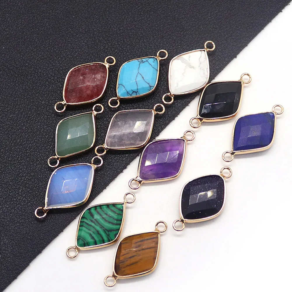 Natural Stone Faceted Rhombus Pendant Connector Double Hole Gold Plated Alloy Inlaid Gemstone For DIY Jewelry Making Accessories