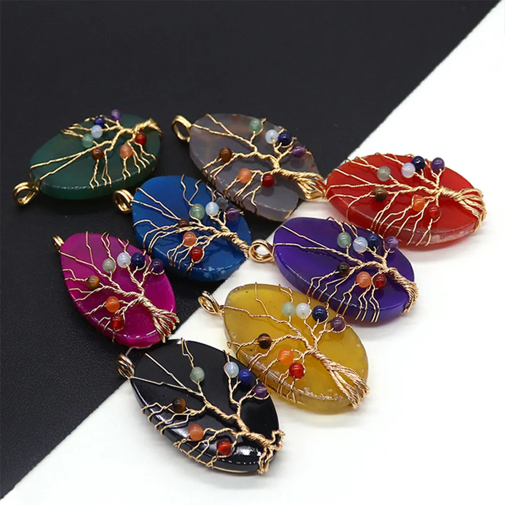 Levensboom Draad Omwikkeld Natuursteen Agaat Hanger Chakra Kralen Onregelmatige Edelsteen Hanger Voor Sieraden Maken