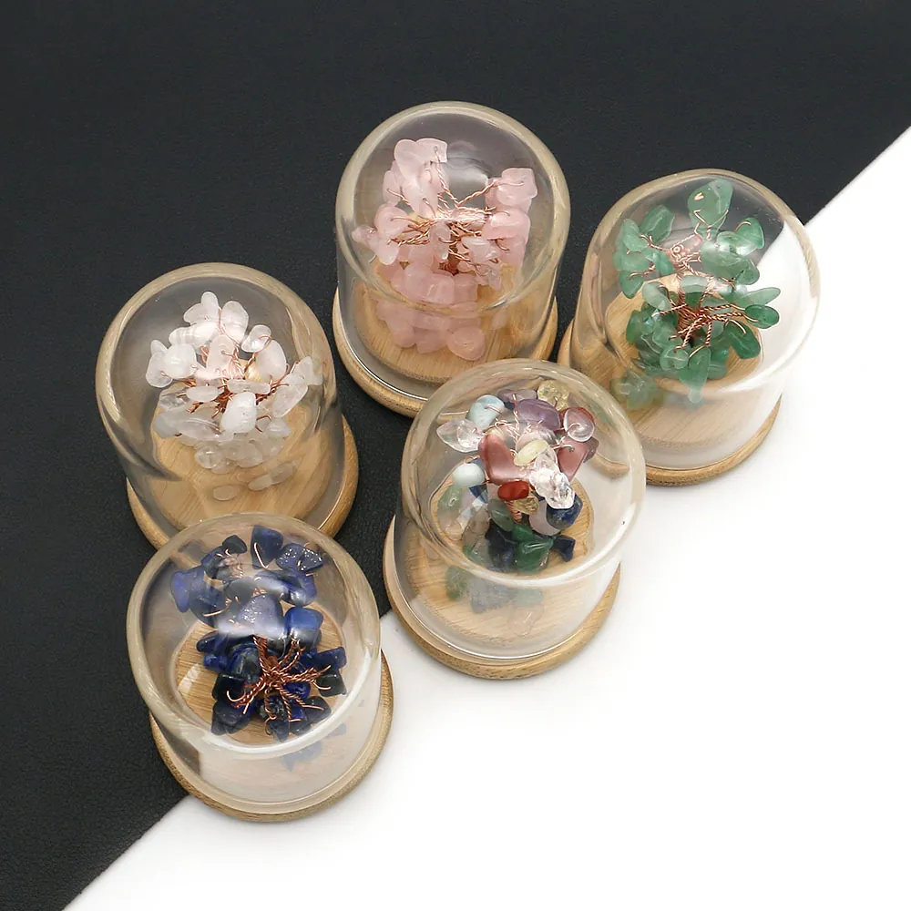 Árbol de la Fortuna de Cristal Natural Árbol de la Vida Adorno Con Cúpula de Vidrio Base de Madera Para Oficina Hogar Escritorio Decoración Regalo