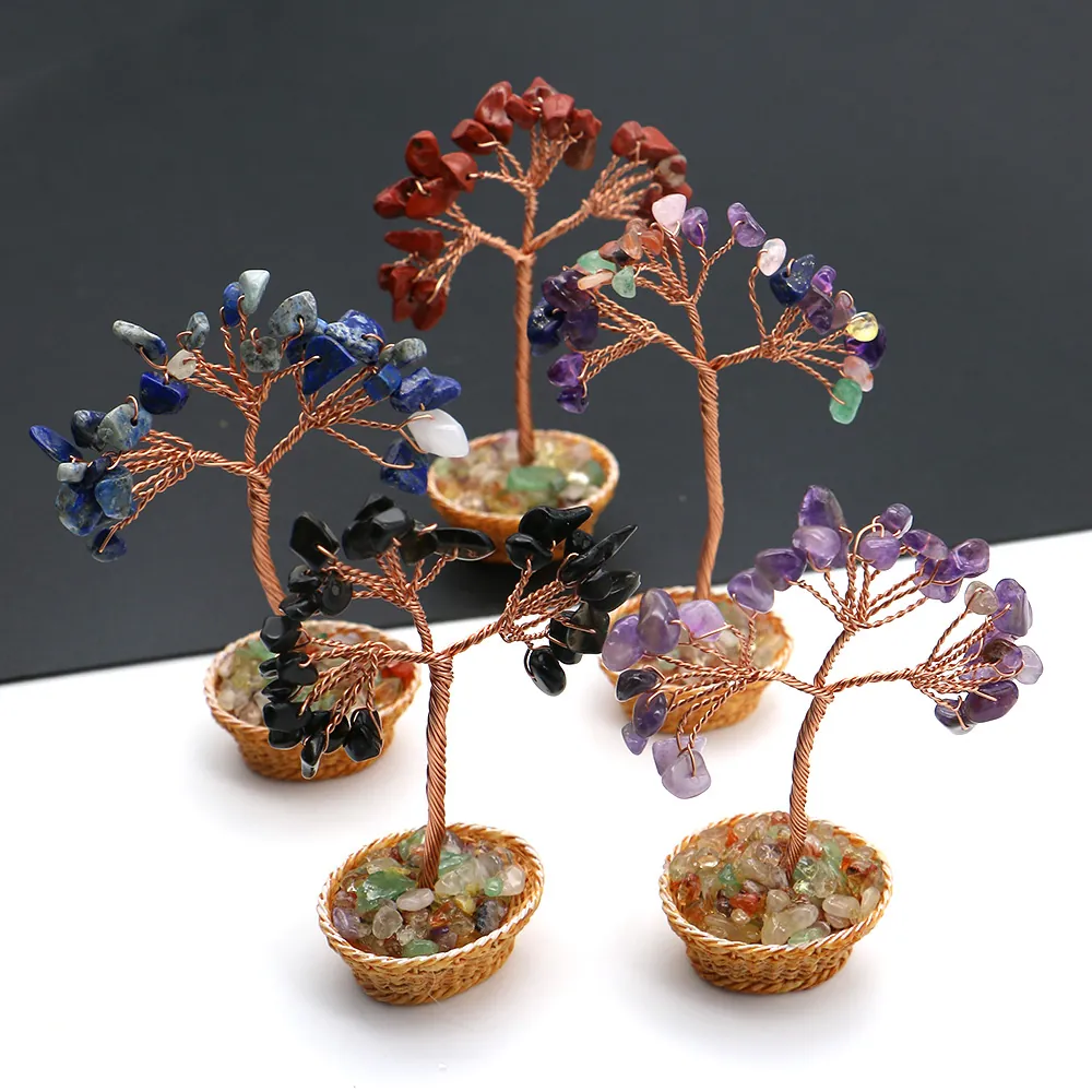 Adorno Hecho a Mano de Árbol de la Vida de Cristal Natural Con Alambre de Cobre y Base de Cesta Para Decoración de Hogar Oficina Escritorio Coche