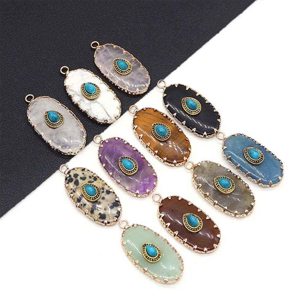 Oval Natural Stone Evil Eye Pendant With Copper Bezel Turquoise Inlay Retro DIY Jewelry Making Accessories Necklace Charm For Women Men