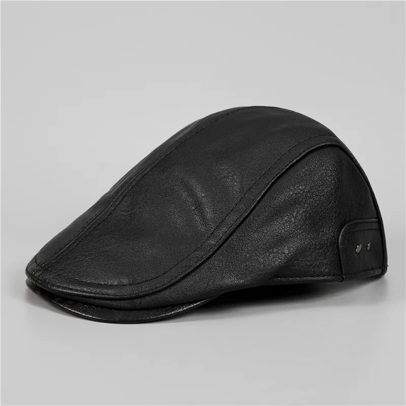Men's Winter Warm PU Leather Flat Cap Vintage Litchi Texture Ivy Cap Adjustable Windproof Outdoor Forward Hat