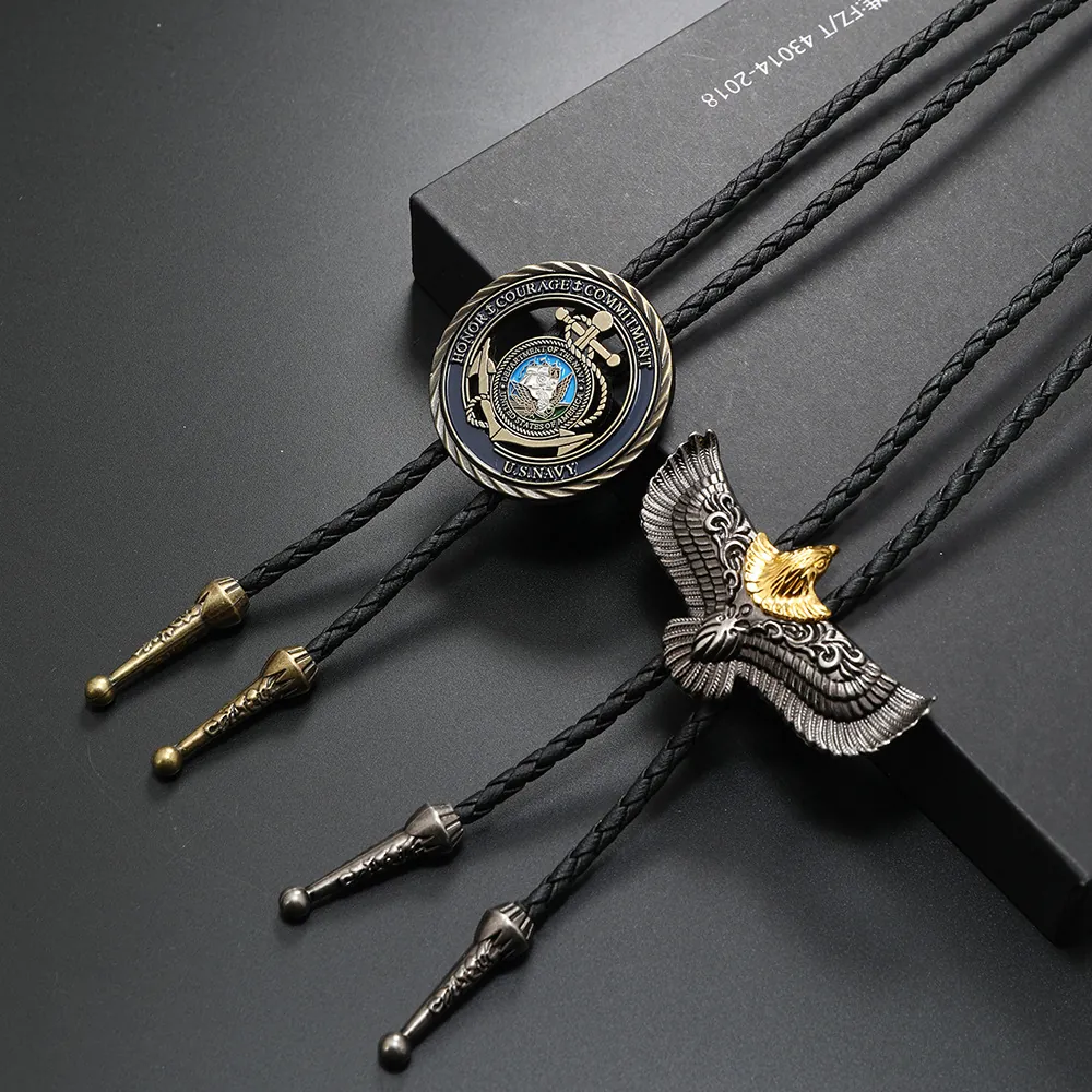 Vintage Western Cowboy Bolo Krawatte Zinklegierung Adler Marine Gedenkmünze Anhänger PU Leder Geflochtene Kordel Halskette Unisex Schmuck