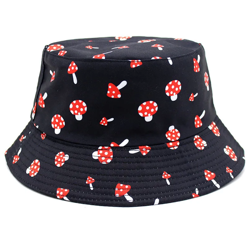 Chapeau Cloche en Coton Unisexe Imprimé Champignon Réversible Protection Solaire Mode Extérieure Hommes Femmes Noir