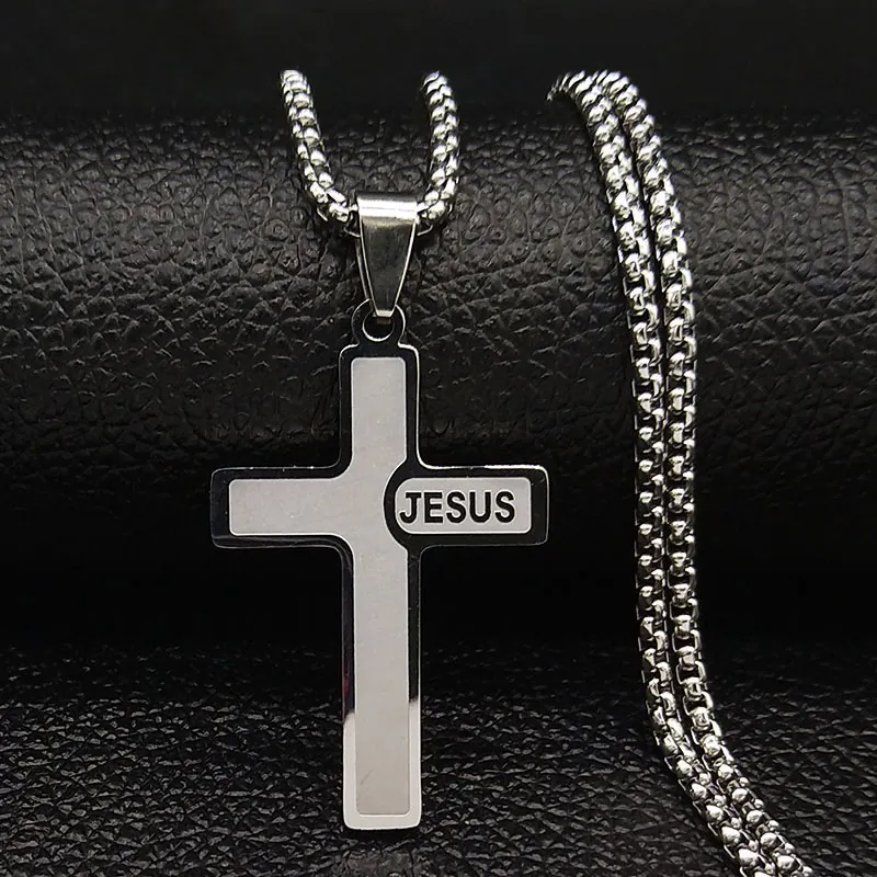 Religious Stainless Steel Cross Pendant Necklace For Men Women Jesus Letter Engraved Box Chain Polished Jewelry Gift