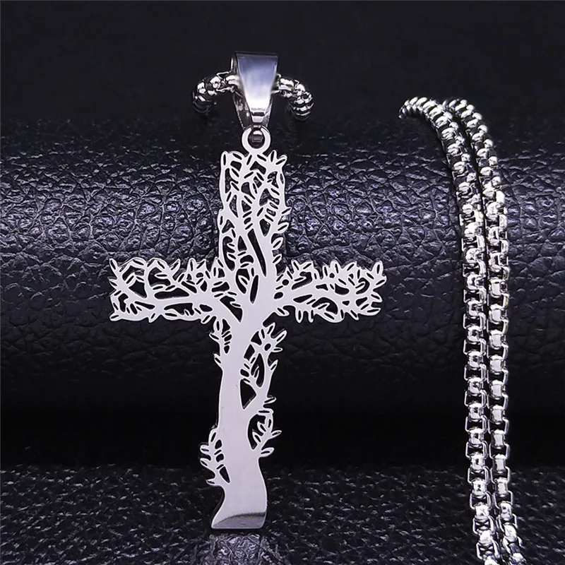Collier Pendentif Croix en Acier Inoxydable Vintage Avec Arbre de Vie Design Creux Bijoux Hip Hop Pour Hommes Femmes