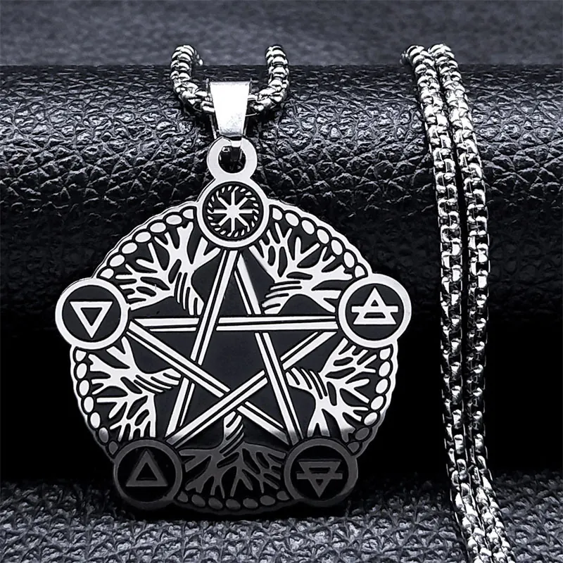 Collar de Colgante de Pentagrama Árbol de la Vida de Acero Inoxidable Vintage Gótico Símbolo Alquimia Joyería Unisex
