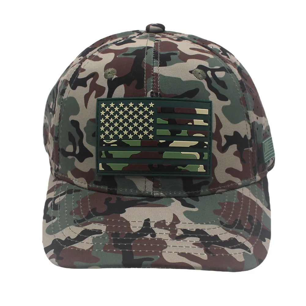Camo American Flag Baseball Cap Breathable Laser Perforated Outdoor Tactical Sun Hat PVC Patch Adjustable Polyester Sport Hat