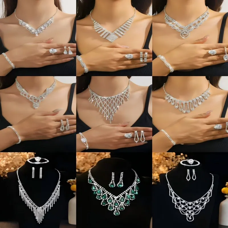 Luxury Alloy Zirconia Rhinestone Jewelry Set Tassel Necklace Earrings Bracelet Ring For Wedding Banquet Party Bridal Accessories Women