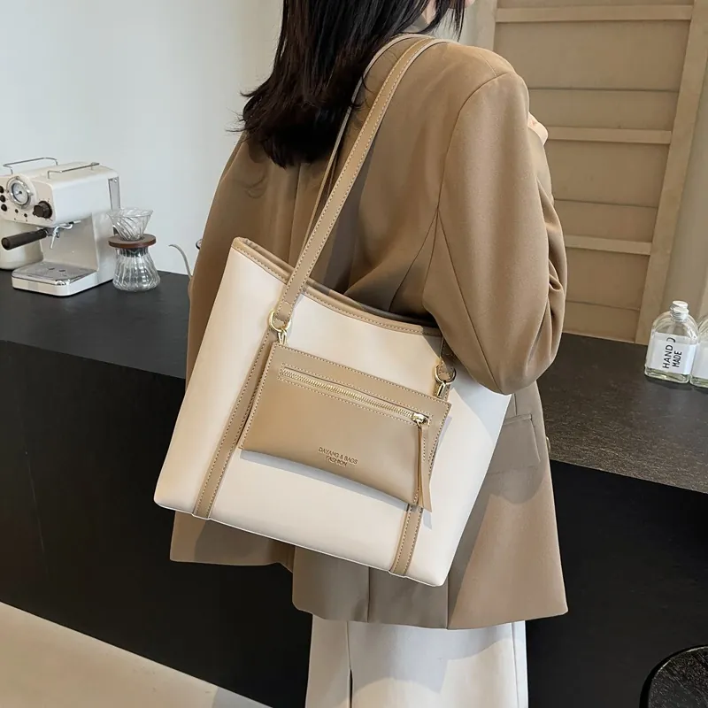 Bolso Tote Retro De Gran Capacidad En Piel PU Para Mujer Moda Viaje Diario Bolso De Hombro Con Estuche De Cremallera Bolso De Mano Color Contrastado