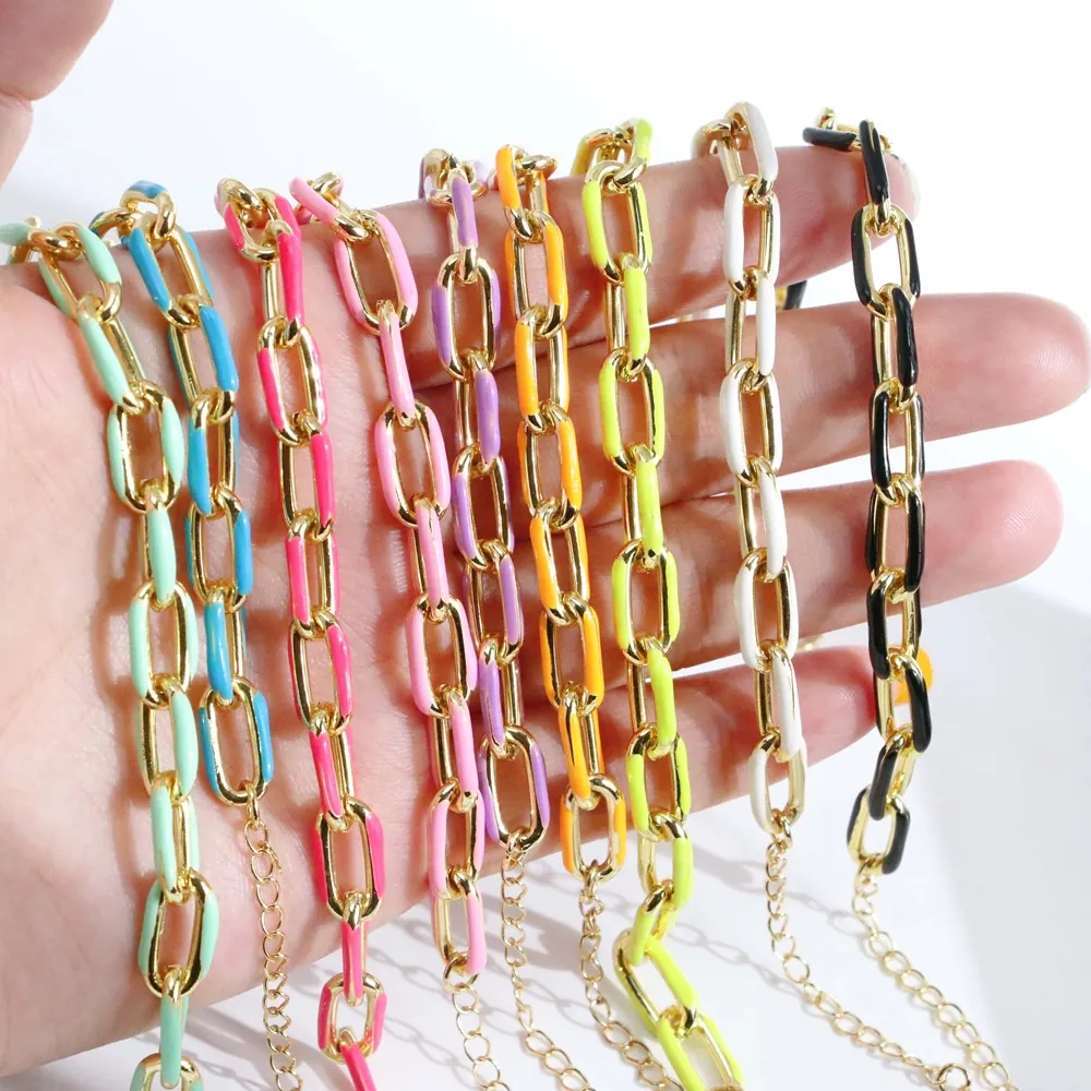Bracelet Grosse Chaîne en Cuivre Émaillé Plaqué Or 18K pour Femme Liens Trombone Colorés Bijoux de Mode Réglables