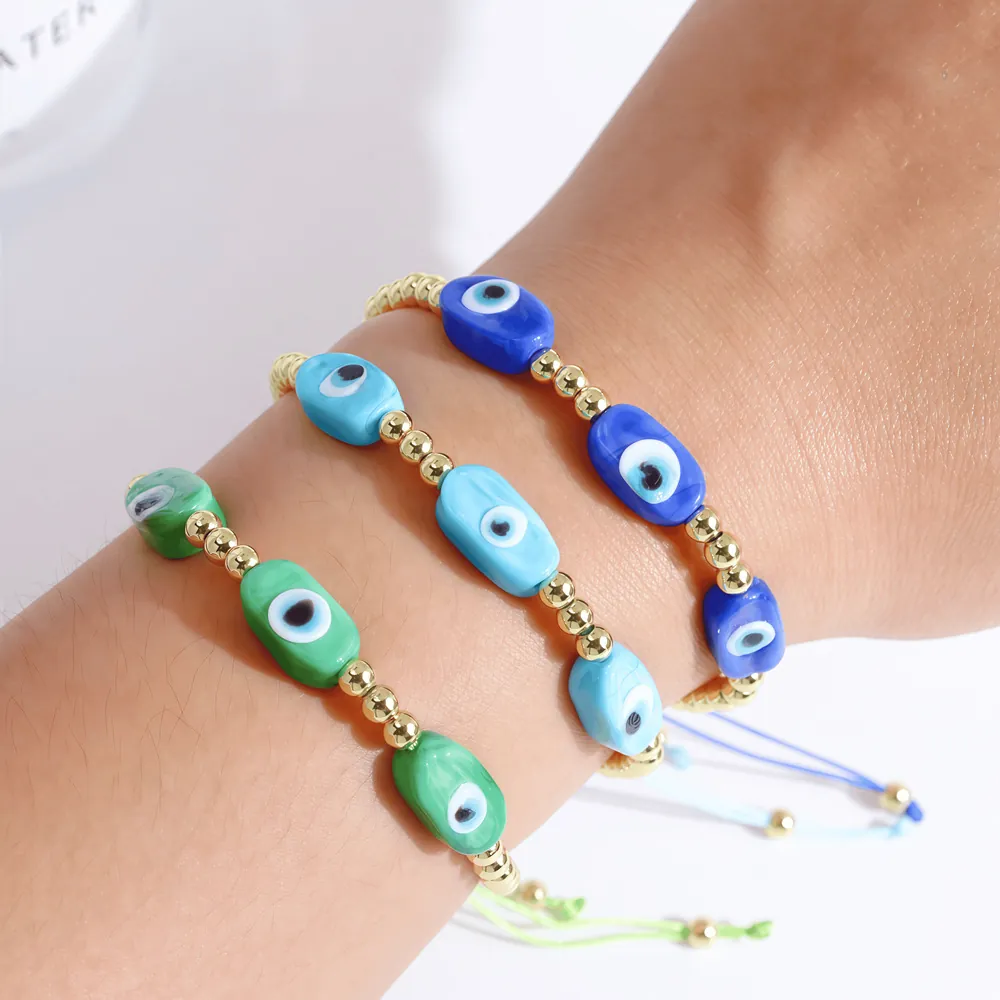 Handmade Evil Eye Bracelet 18K Gold Plated Copper Beaded Adjustable Woven Rope Lucky Protection Jewelry Gift For Women Men