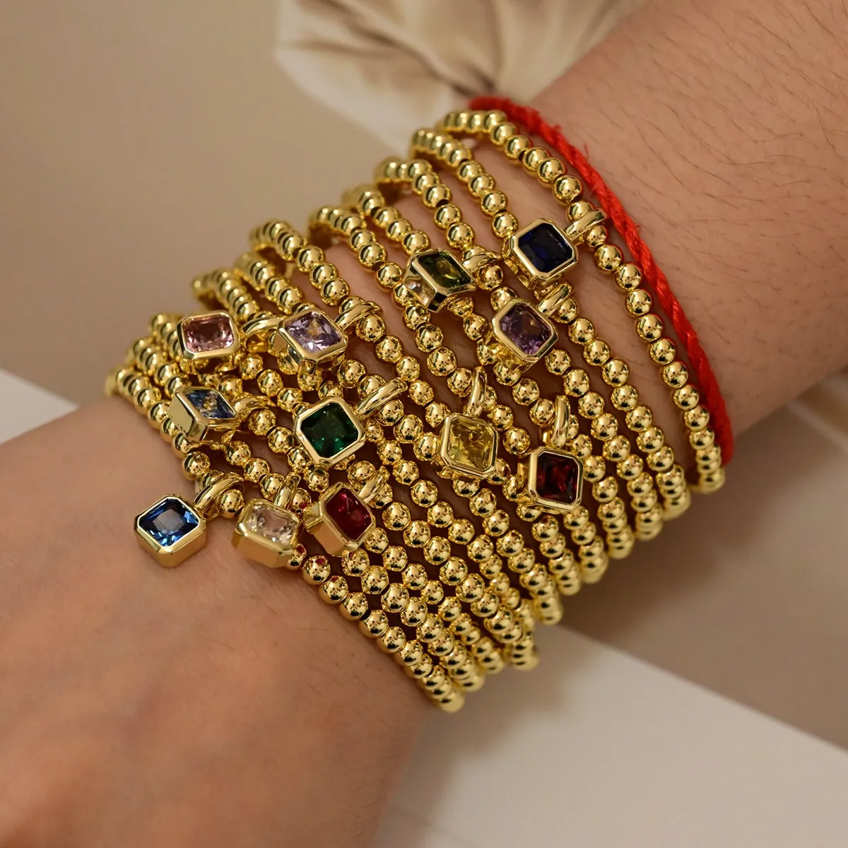 18K Gold Plated Copper Beaded Bracelet With Square Zirconia Birthstone Pendant Elegant Geometric Fashion Jewelry Gift For Women