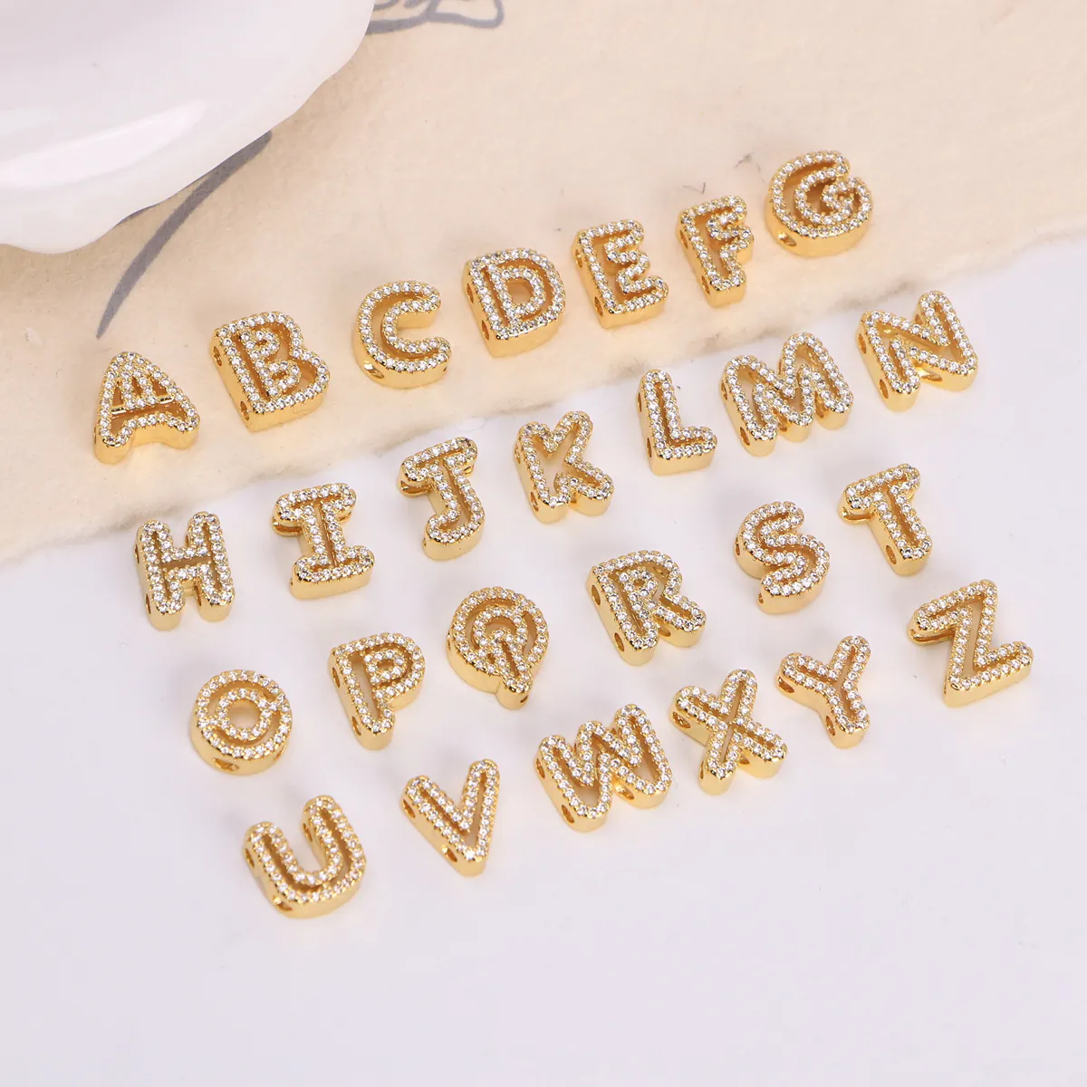 DIY 26 Alphabet Initial Letters Charms 18K Gold Plated Copper Artificial Zircon Slider Beads For Bracelet Jewelry Making