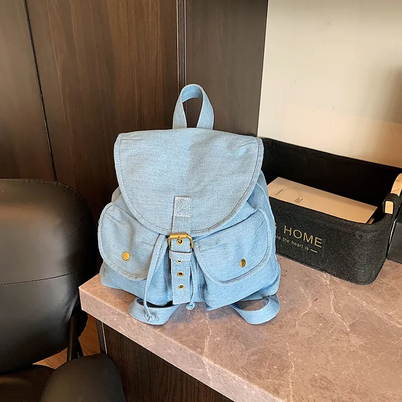 Women Retro Denim Backpack Large Capacity Multi-Pocket Drawstring Rucksack Travel Commute Casual School Shoulder Bag
