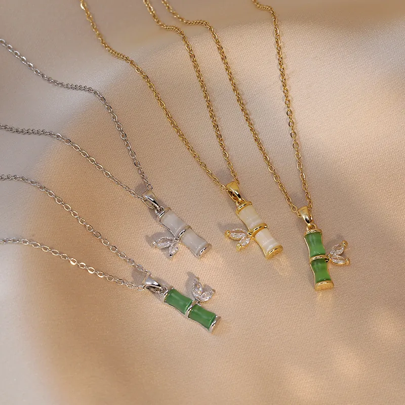 Vintage Bamboe Knoop Hanger Ketting Titanium Staal Met Zirkoon Blad En Synthetische Kattenoog Steen Voor Dames Mode
