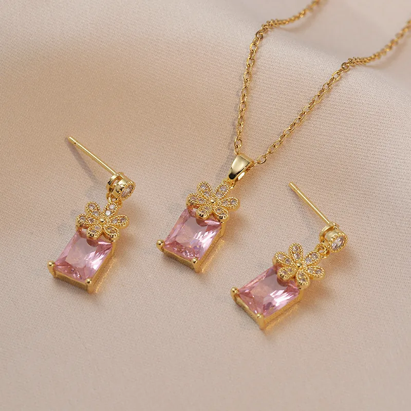 Flower Zircon Pendant Necklace And Earrings Jewelry Stainless Steel Geometric Pink Stone For Women Fashion Accessory