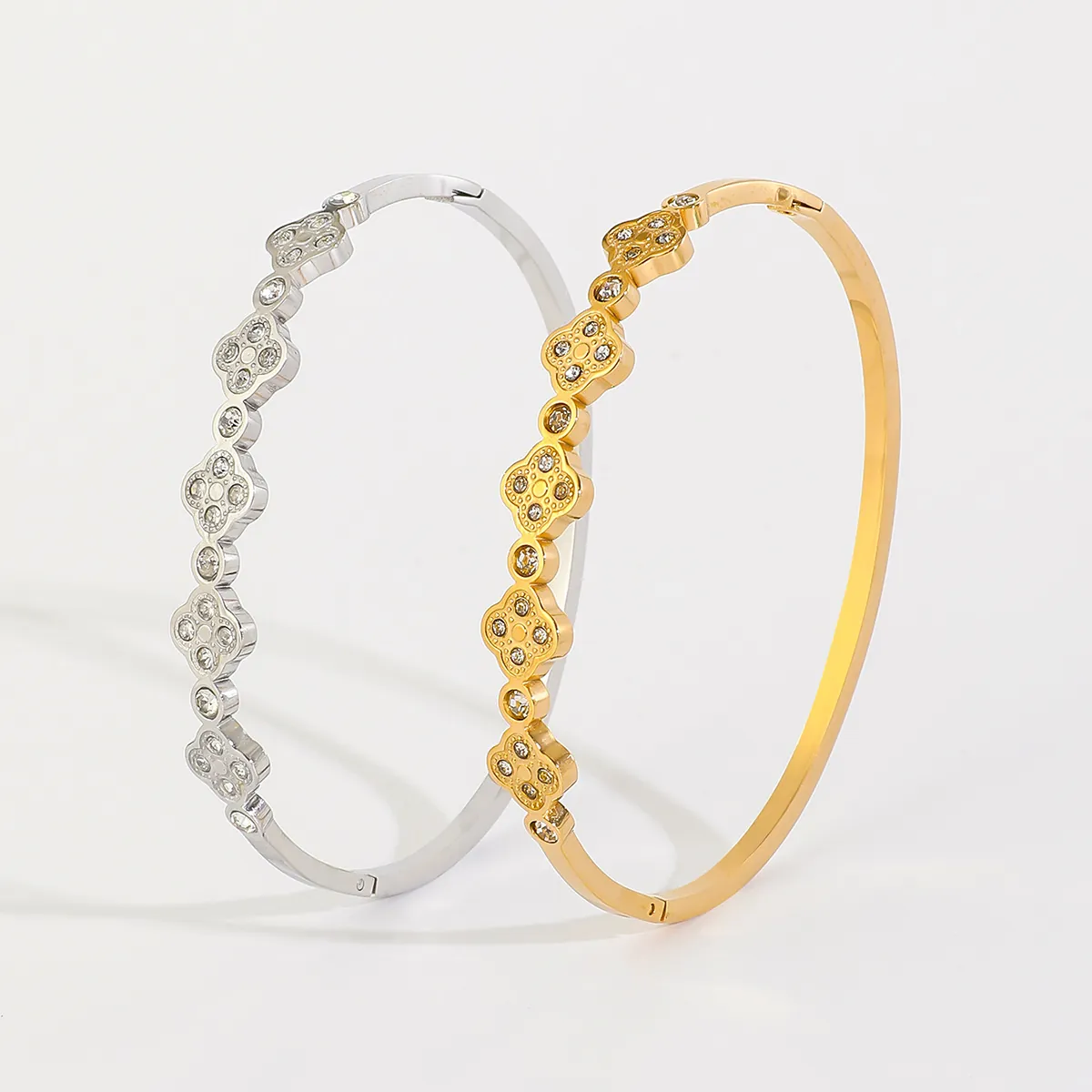 Eleganter Edelstahl Kleeblatt Armreif Für Damen Gold Silber Plattiert Zirkonia Eingelegt Hohl Blume Armband Mode Schmuck