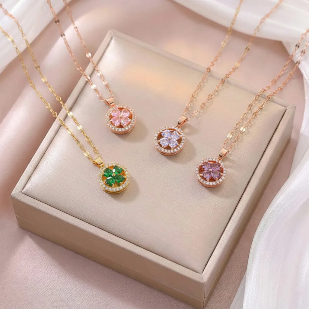 Collier Pendentif Trèfle à Quatre Feuilles Rotatif Acier au Titane Micro Pavé Zircone Fleur Cœur Bijoux Pour Femme
