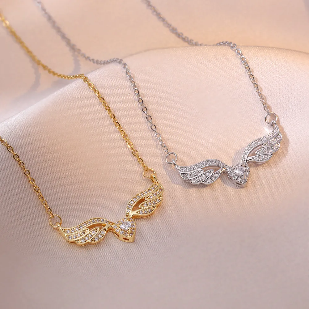 Collier Ailes D Ange Coeur Acier Inoxydable Zircon Incrusté Pendentif Douce Elégante Chaîne De Clavicule Pour Femmes