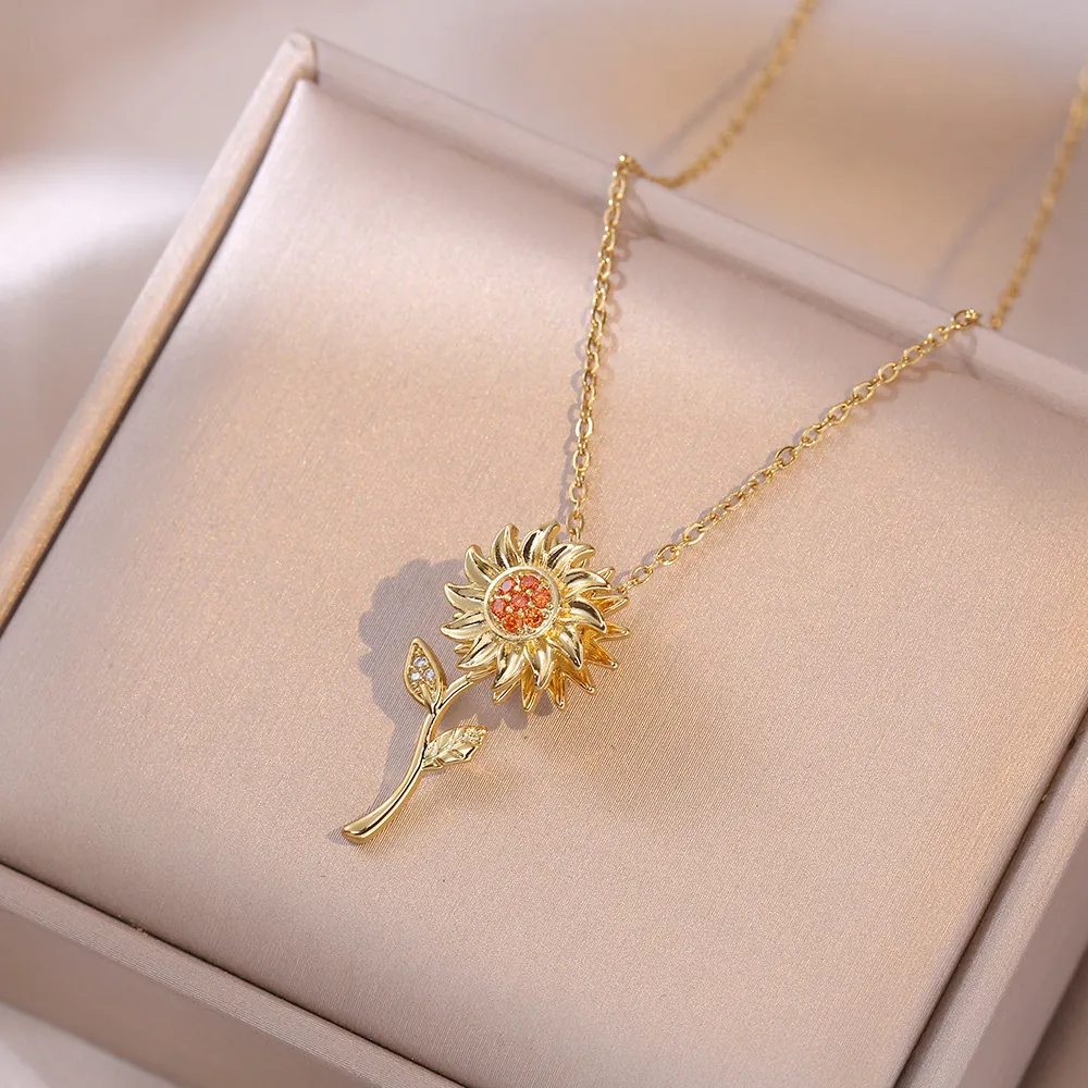Collier Pendentif Tournesol Rotatif Acier Inoxydable Avec Zircon Orange Blanc Bijoux De Mode Pour Femmes