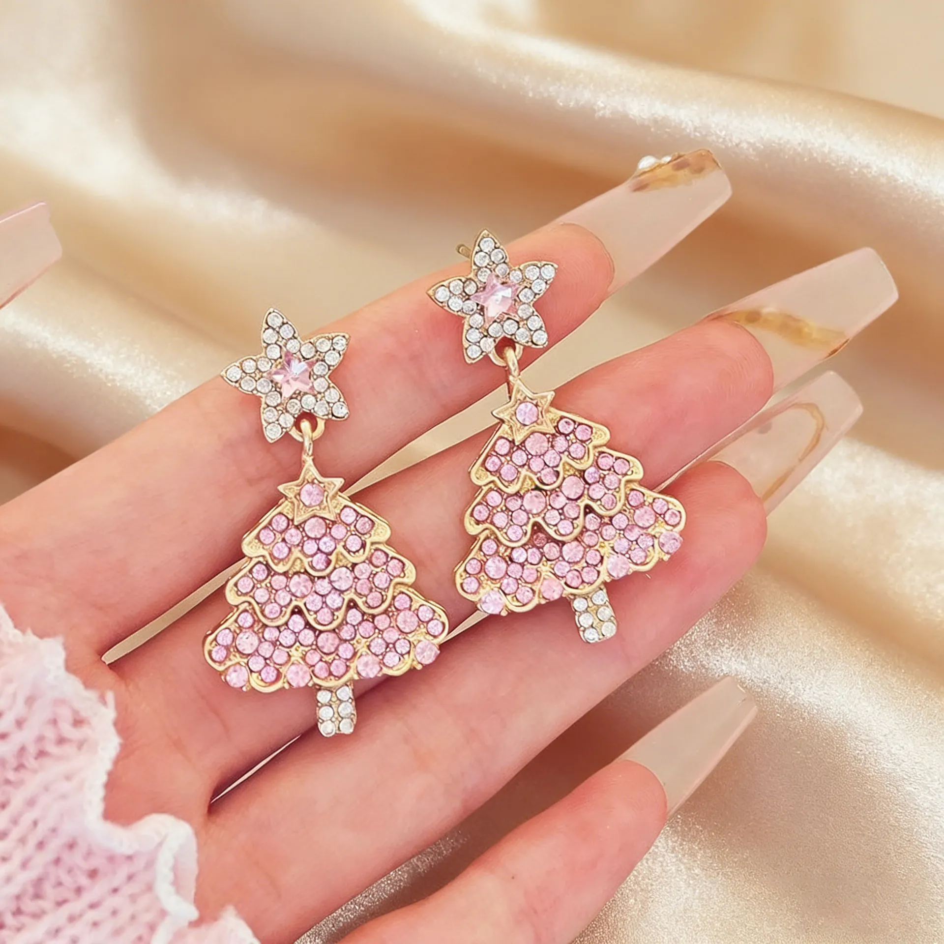 Lussuosi Orecchini Pendenti a Albero di Natale Rosa con Strass e Perno in Argento Sterling 925 Oro Lega Stella Gioielli Festa Donna