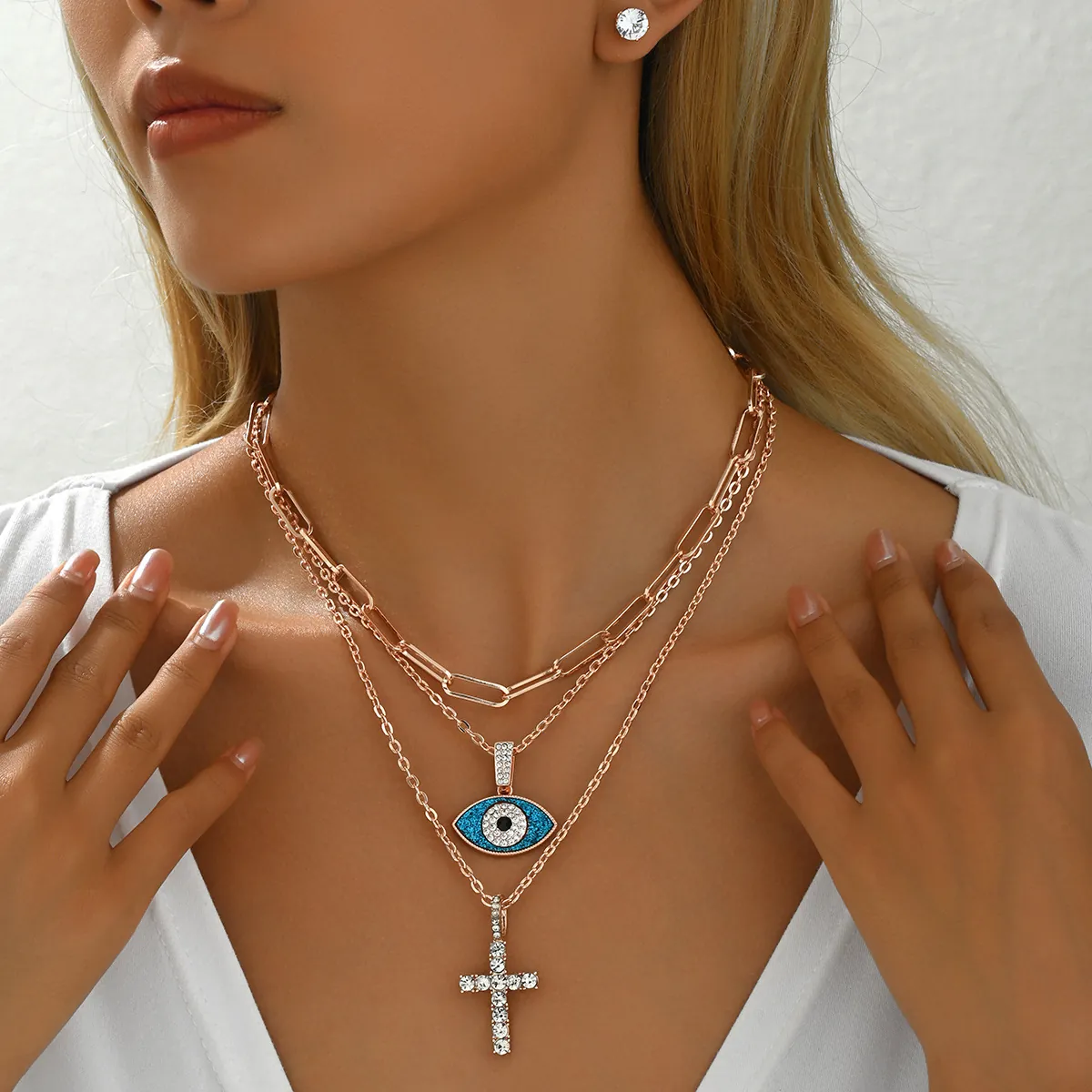 Europäisch Amerikanisches Kupfer Schmuckset Roségold Zirkonia Schichtkette Mit Bösem Blick Kreuz Anhänger Büroklammer Kette Ohrringe Damen