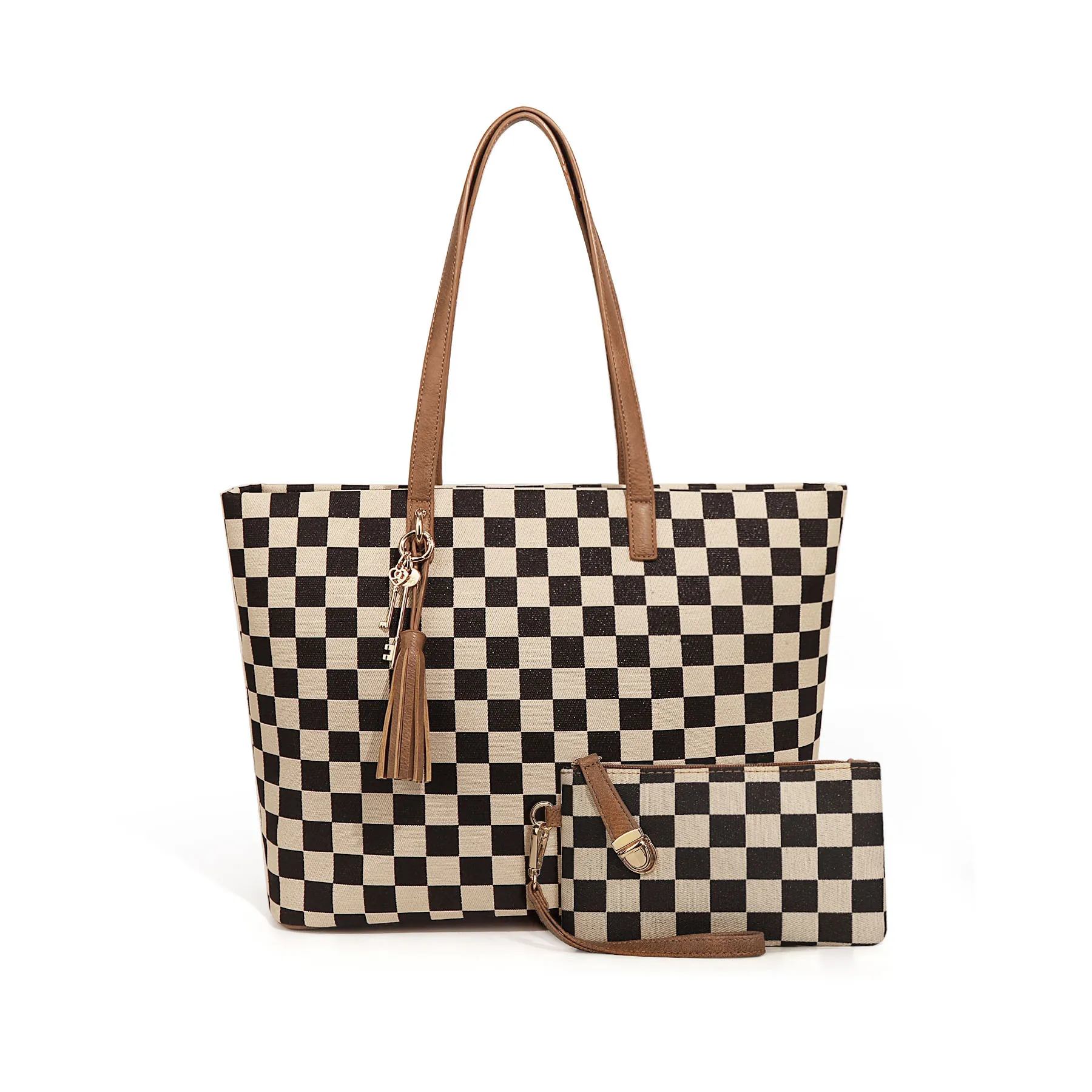Sac Cabas Motif Damier Grande Capacité Sac à Main Épaule Femme Avec Pochette Assortie Charme Pompon Ensemble Sac Classique