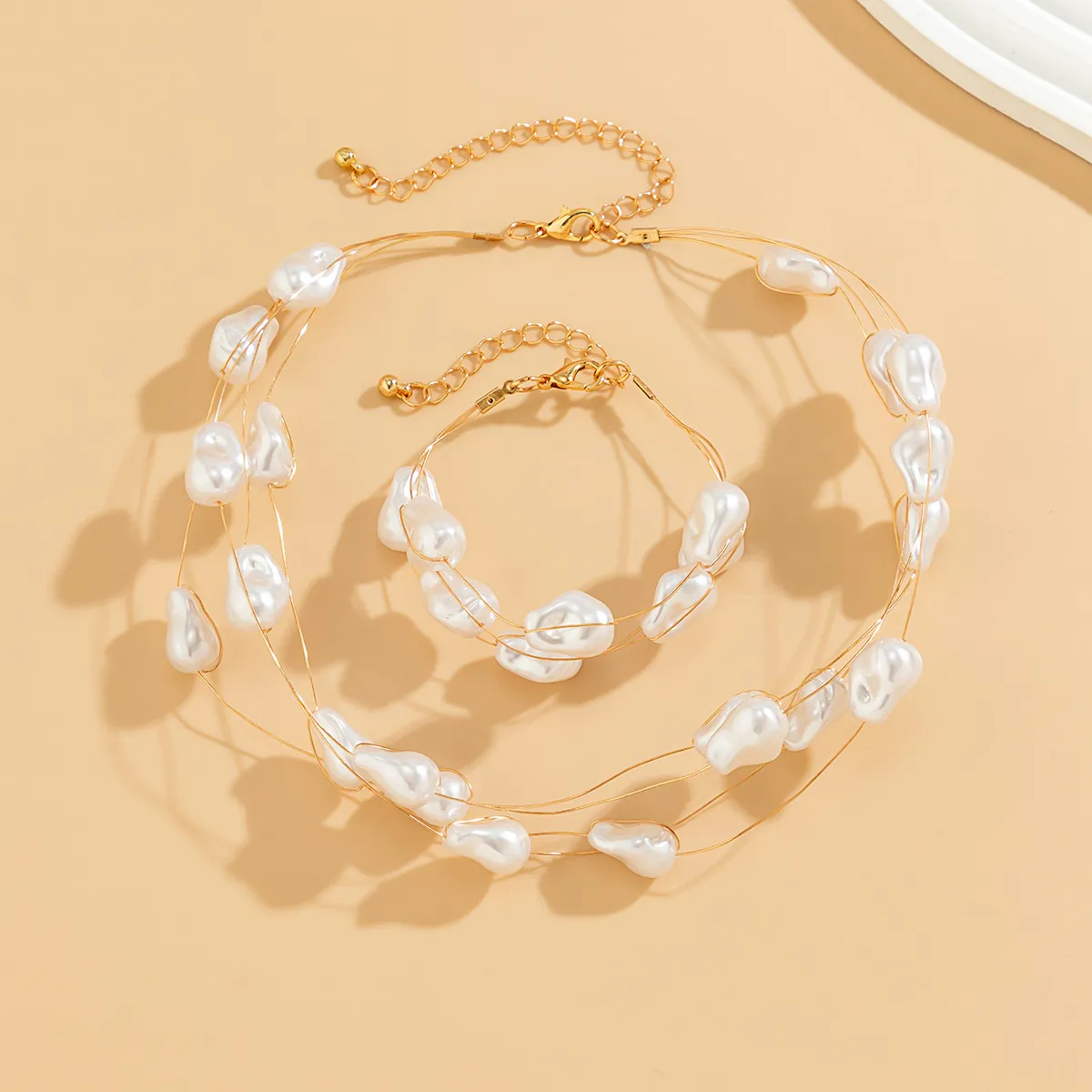 Collier Ras De Cou Et Bracelet En Imitation Künstliche Perle Baroque Plaqué Or Fil D'acier Titane Bijoux Pour Femmes