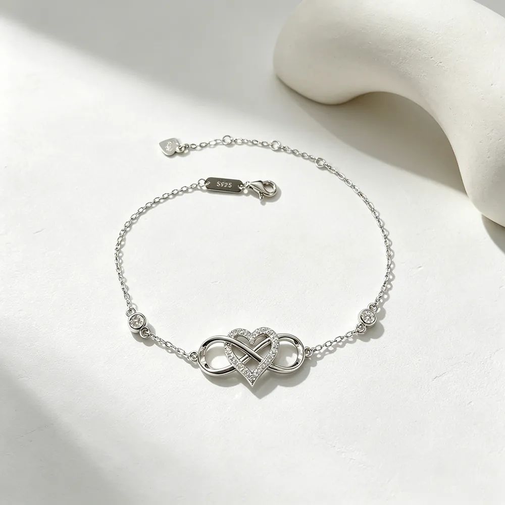 925 Sterling Silver Heart Infinity Bracelet For Women White Gold Plated Zirconia Adjustable Chain Minimalist Jewelry Gift