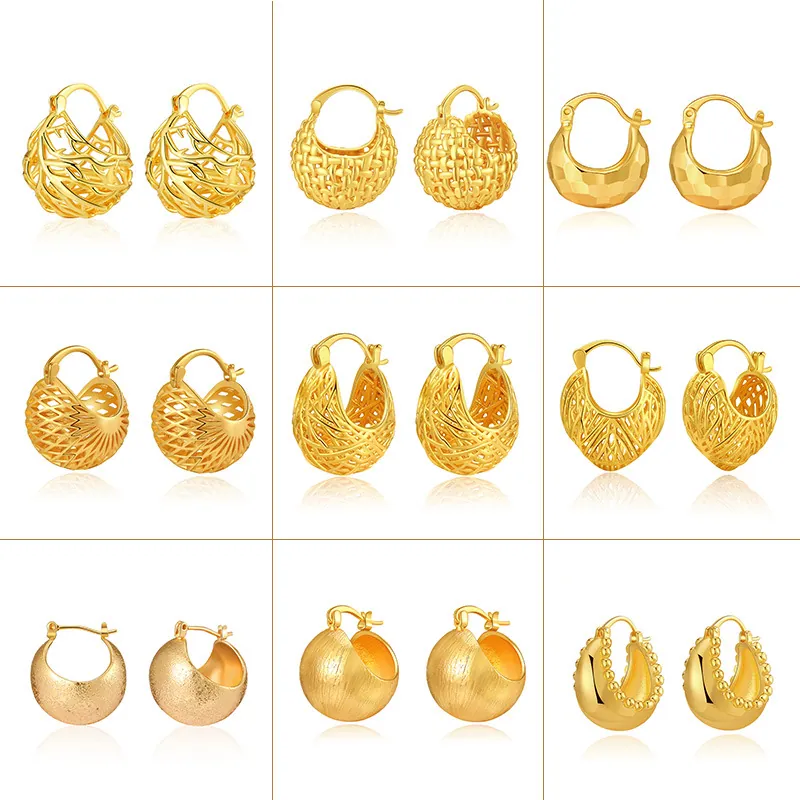 18K Gold Plated Brass Hoop Earrings Vintage Hollow Out Woven Mesh Ball Geometric Earrings For Women Party Daily Jewelry