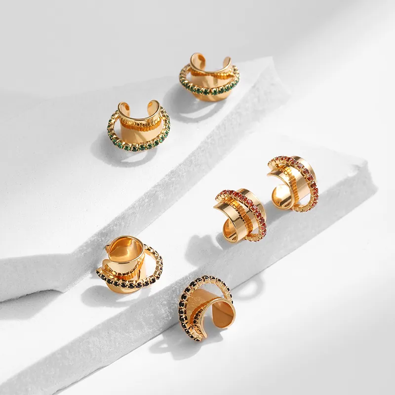 Bohemian Brass 18K Gold Plated C-Shape Ear Cuffs Irregular Design Zirconia Inlaid Non-Pierced Earrings For Women Jewelry