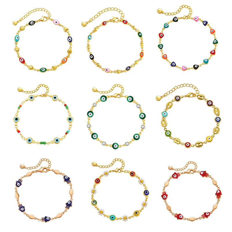 18K Gold Plated Copper Evil Eye Hamsa Hand Charm Bracelet For Women Adjustable Beaded Chain Bohemian Ethnic Jewelry Gift