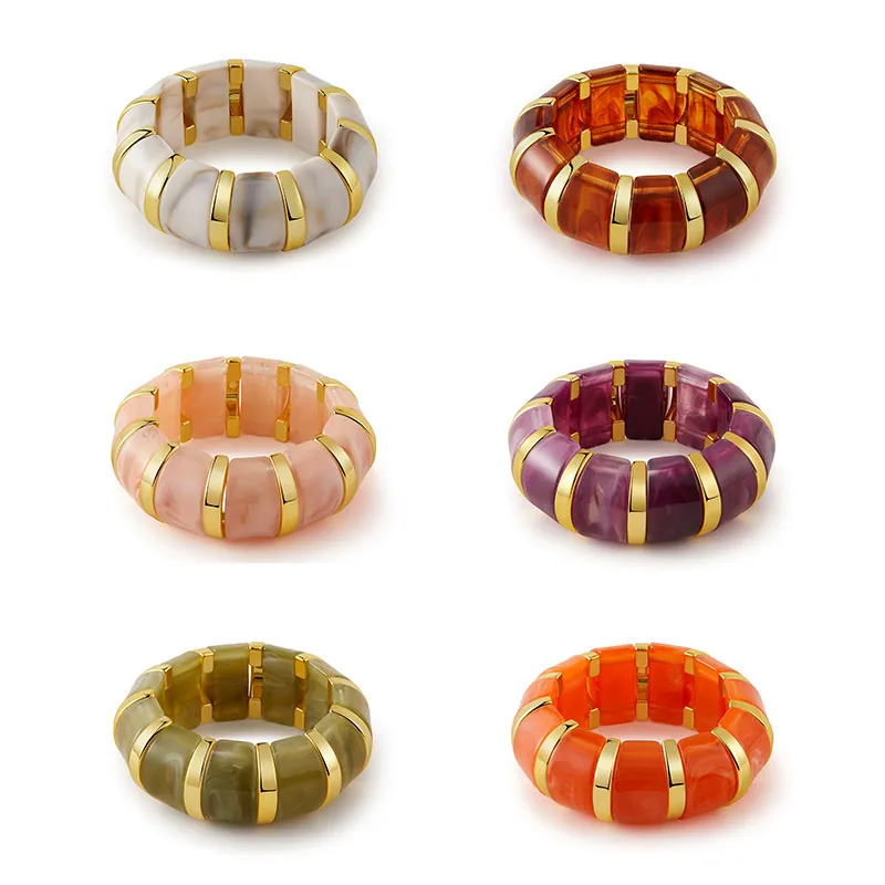 Bohemian Acrylic Marble Pattern Chunky Bangle Bracelet Women Vintage Resin Gold Alloy Segment Elastic Cuff Bracelet Jewelry
