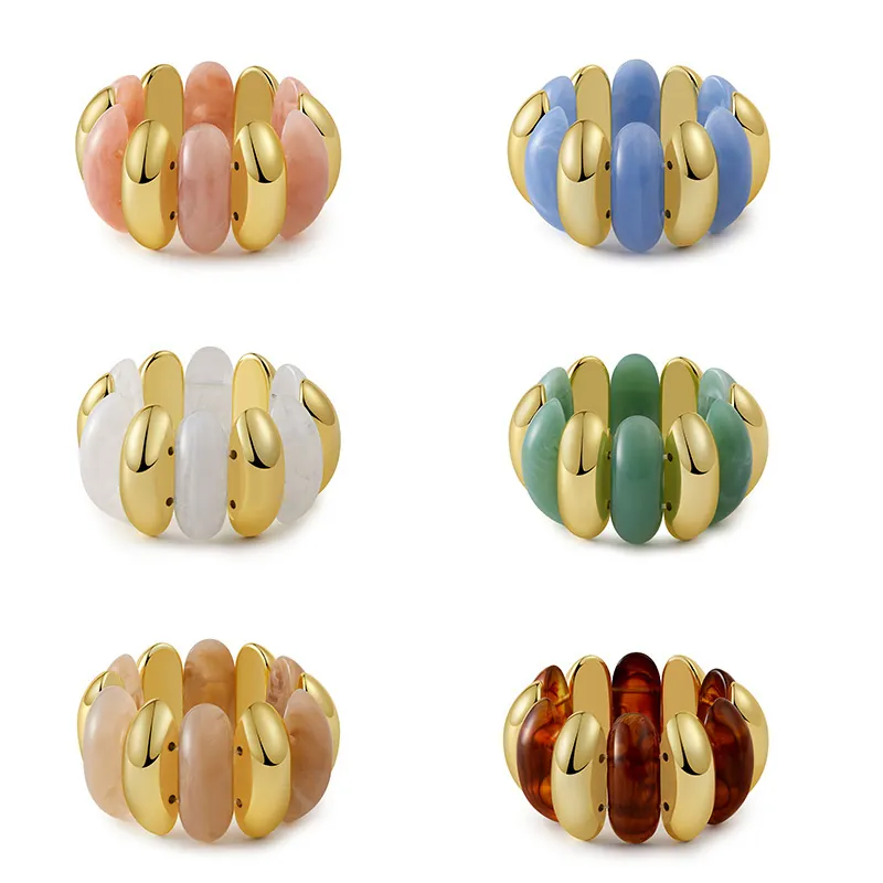 Bohemian Acrylic Marble Pattern Beaded Elastic Bangle For Women Vintage Alloy Metallic Geometric Flat Tube Stretch Bracelet Jewelry