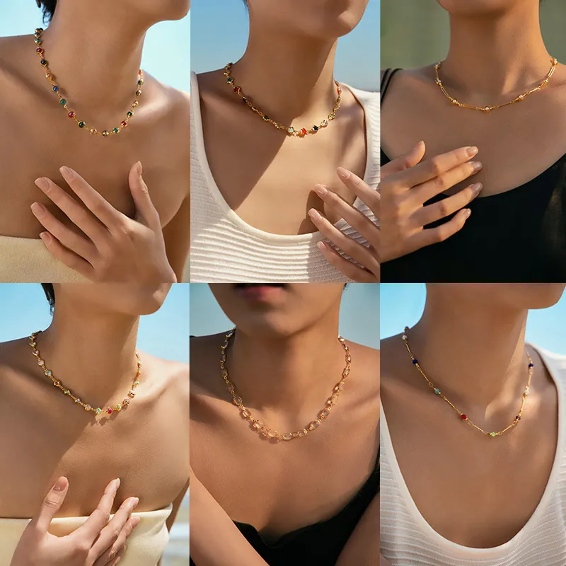 Mode 18K Vergulde Koperen Ketting Voor Dames Met Kleurrijke Glas Zirkoon Hart Ster Hanger Exotische Dopamine Sieraden