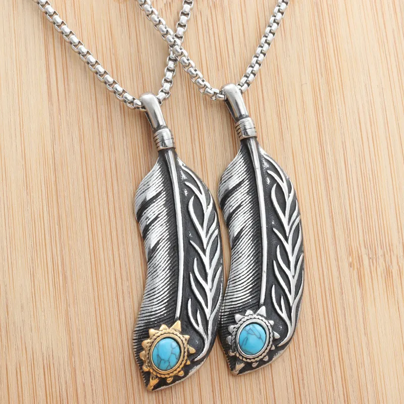 Collar con Colgante de Pluma de Acero Inoxidable Vintage con Incrustaciones de Turquesa Joyería Estilo Punk Gótico Étnico para Hombre Mujer