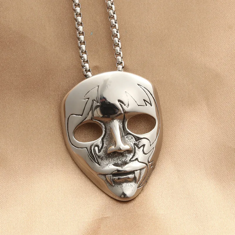 Stainless Steel Vampire Mask Pendant Necklace For Men Gothic Punk Retro Silver Mask Jewelry Gift For Halloween Party