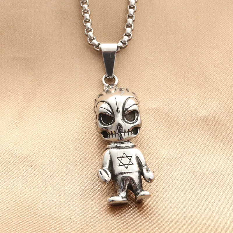 Collar con Colgante de Hexagrama Demonio de Dibujos Animados de Acero de Titanio Retro para Hombre Joyería Punk Gótica Hip Hop Plata