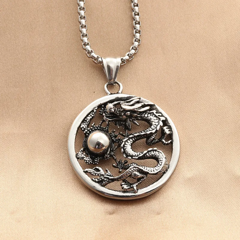 Vintage Dragon Pendant Necklace For Men Stainless Steel Hollow Round Disc Dragon Playing Artificial Pearl Punk Rock Biker Jewelry Antique Silver Finish