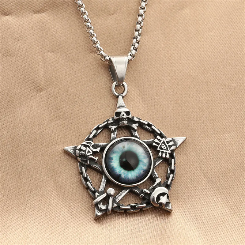 Vintage Stainless Steel Pentagram Evil Eye Pendant Necklace For Men Gothic Punk Masonic Skull Blue Eye Mystical Jewelry