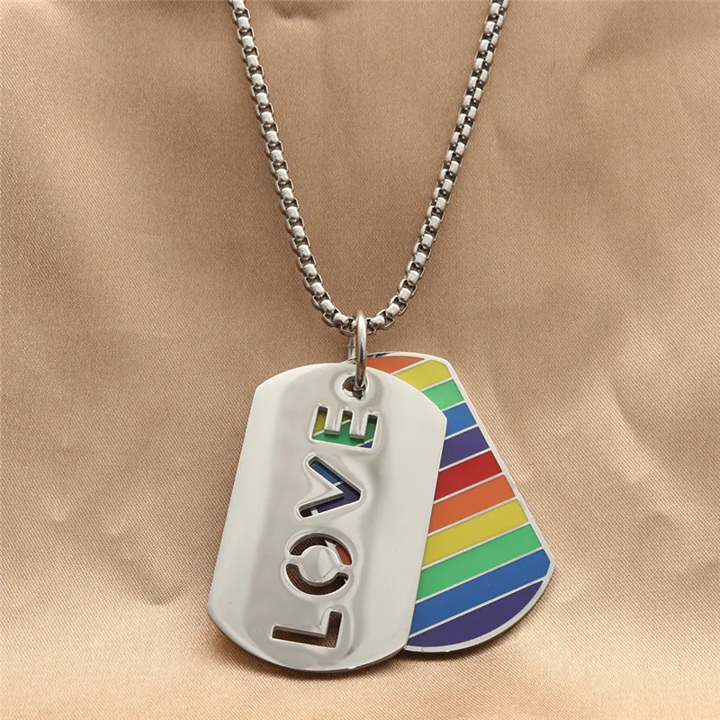 Edelstahl Mehrlagige Erkennungsmarke Halskette Regenbogen Pride LOVE Ausgeschnittener Anhänger Punk Vintage Schmuck Für Herren Damen
