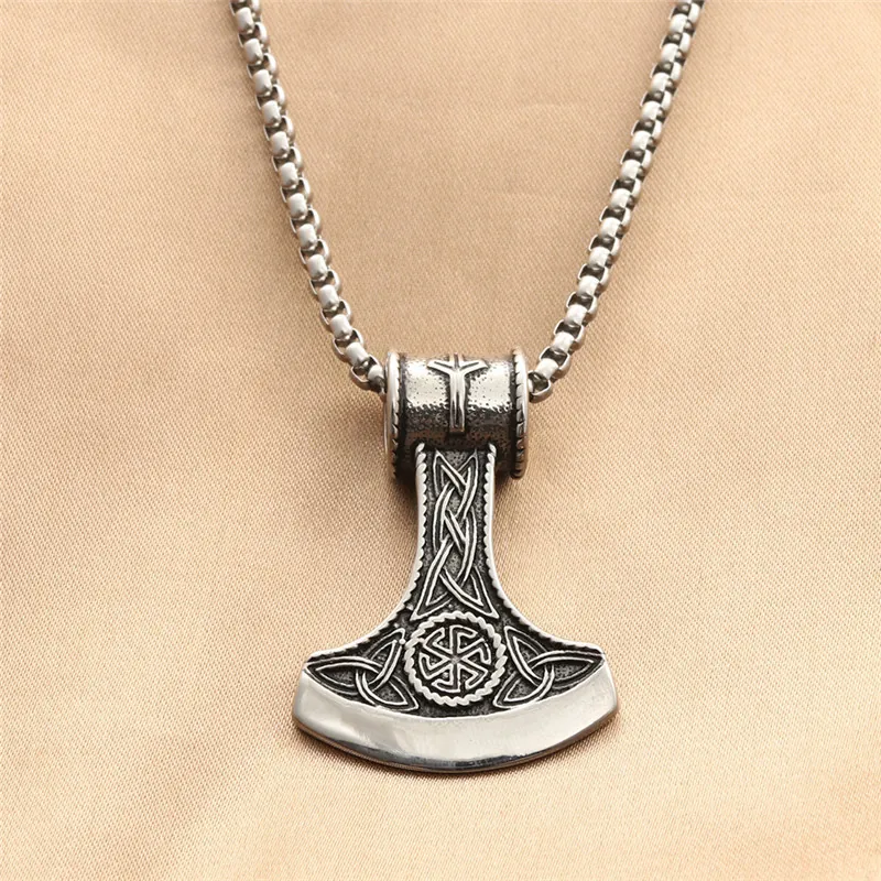 Vintage Titanium Steel Thor's Hammer Mjolnir Pendant Necklace For Men Viking Slavic Kolovrat Symbol Punk Retro Silver Jewelry