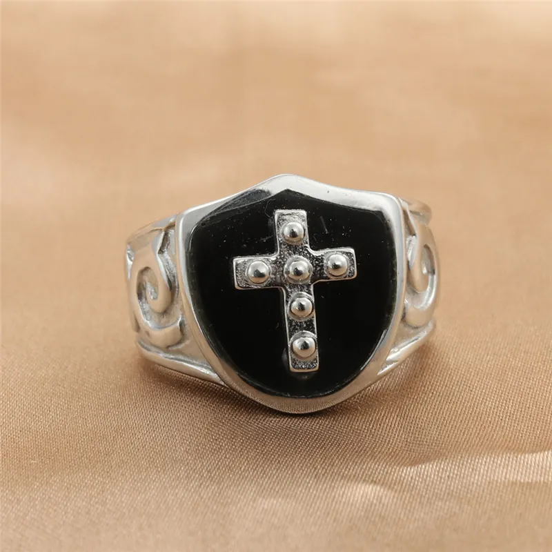 Vintage Titanium Steel Cross Shield Ring For Men Punk Gothic Black Enamel Stainless Steel Scroll Pattern Biker Ring Jewelry