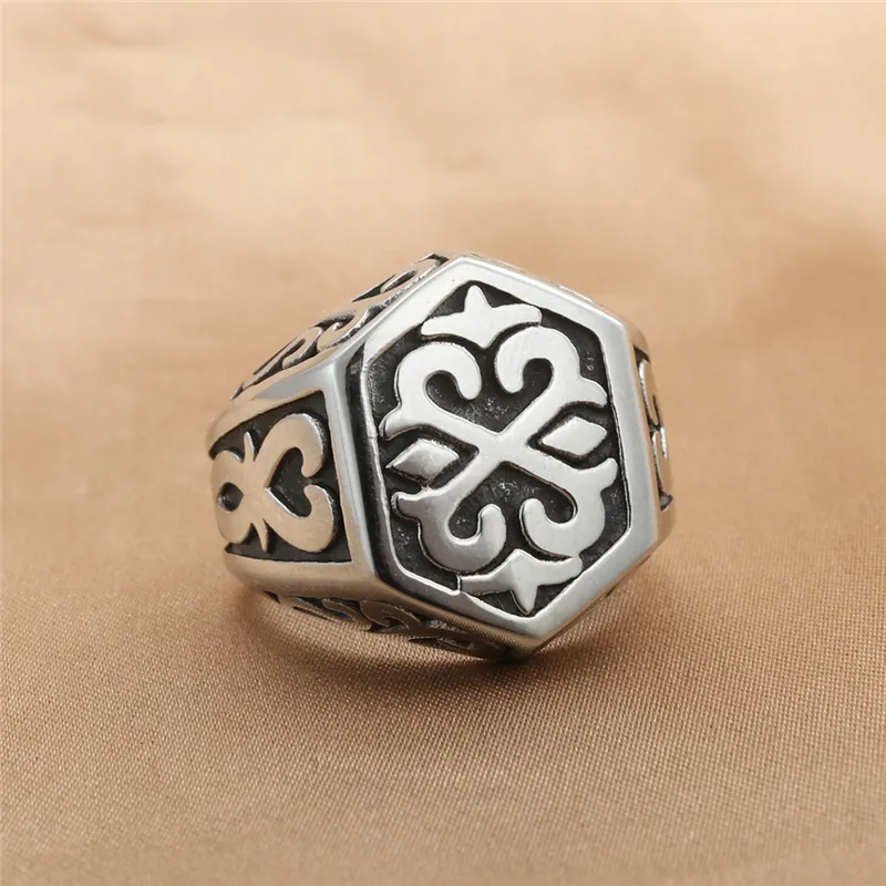 Vintage Hexagonal Celtic Knot Totem Ring For Men Punk Gothic 316 Stainless Steel Antique Silver Finish Biker Band Jewelry