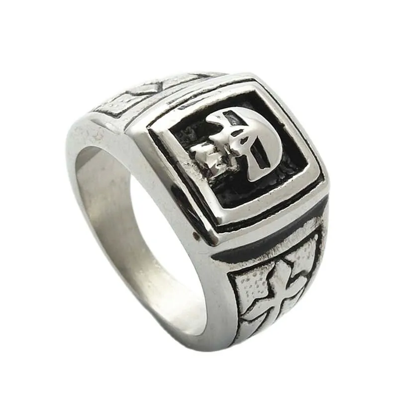 Vintage Punk 316L Stainless Steel Skull Cross Relief Ring For Men Gothic Distressed Silver Color Band Jewelry Ring