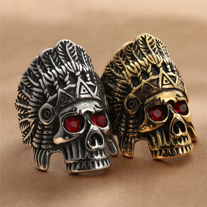 Vintage Stainless Steel Indian Chief Skull Ring For Men Punk Rock Jewelry With Red Zirconia Eyes Antique Silver Gold