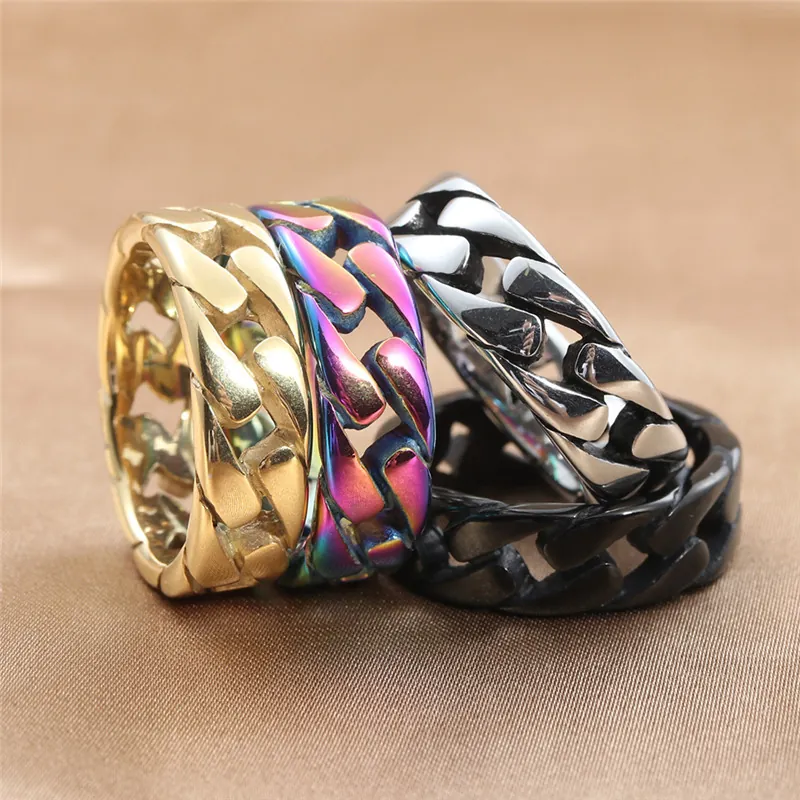 Stainless Steel Cuban Link Ring For Men Women Hollow Chain Geometric Finger Band Punk Hip Hop Streetwear Jewelry Gift